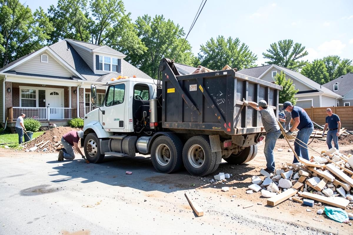 Roll-off truck delivering a dumpster to a residential job site
