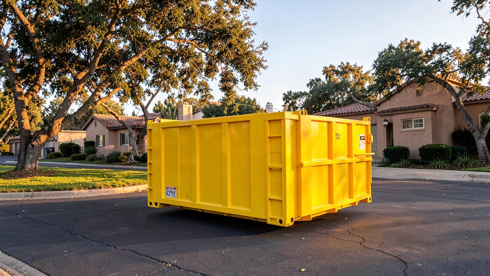 Yellow roll-off dumpster placed on a Roseville driveway
